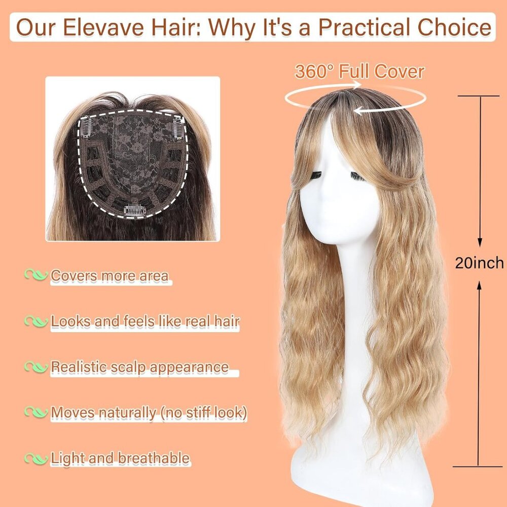 20" Wavy Hair Topper Thinning Hair Coverage Clip-In Bangs Natural Fluffy - Picture 4 of 6